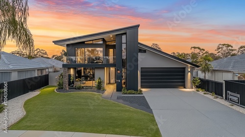 Modern House with Sleek Architecture and Colorful Sunset Sky