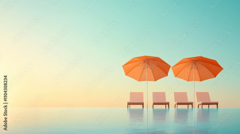 Fototapeta premium A tranquil scene featuring orange umbrellas and lounge chairs by a serene pool against a pastel sunset backdrop, evoking relaxation and vacation vibes.