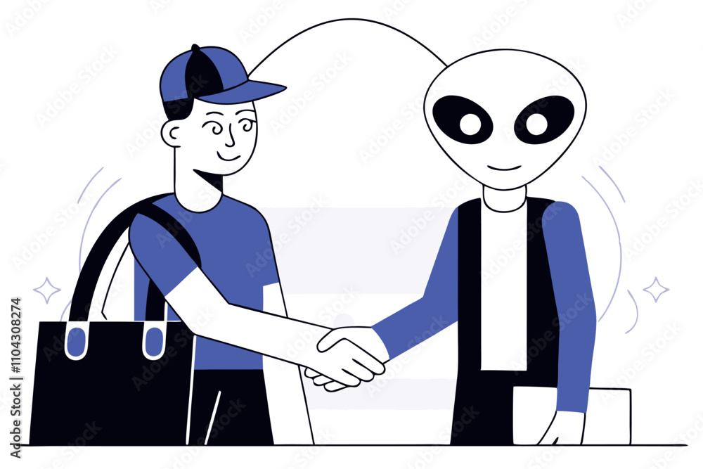 Person shakes hands with the friendly alien. Friendship between terrestrial and extraterrestrial civilizations Person shakes hands with the friendly alien. Friendship between terrestrial and extraterrestrial civilizations