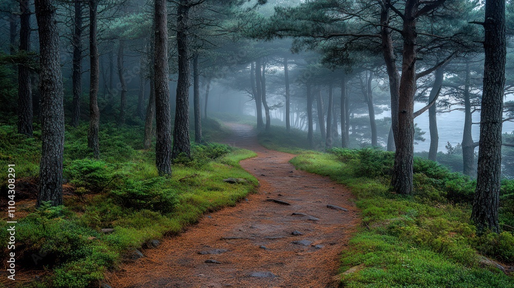 Obraz premium Misty forest path winding through tall pines.