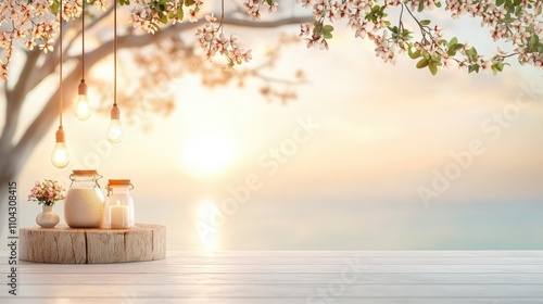 A serene sunrise scene featuring hanging lights, jars, and blossoms, creating a tranquil atmosphere by the water's edge.