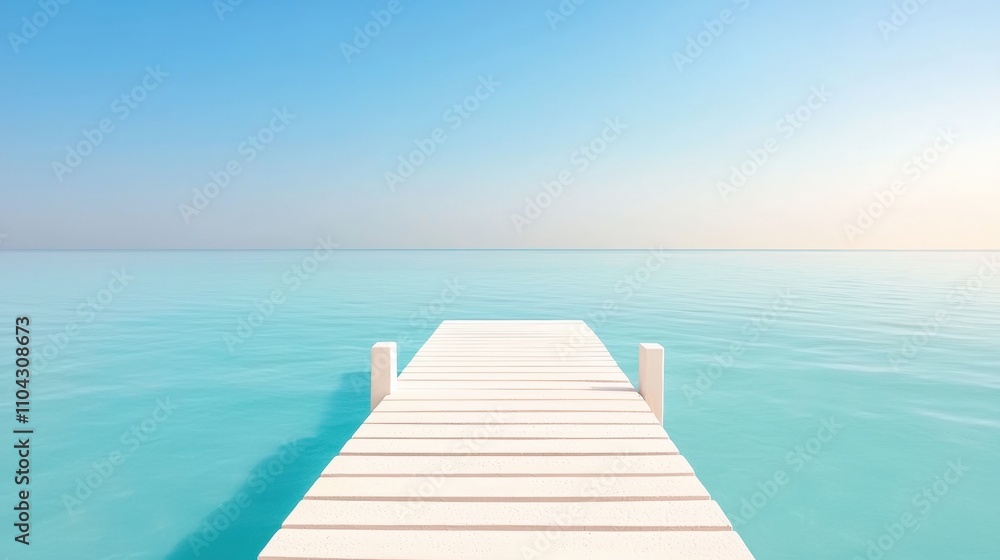 A serene wooden dock extends into a calm, turquoise sea under a clear sky, creating a tranquil coastal atmosphere. A serene wooden dock extends into a calm, turquoise sea under a clear sky, creating a tranquil coastal atmosphere.