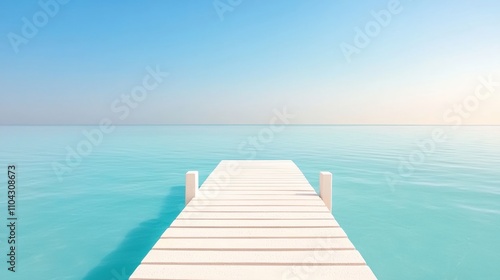 A serene wooden dock extends into a calm, turquoise sea under a clear sky, creating a tranquil coastal atmosphere.