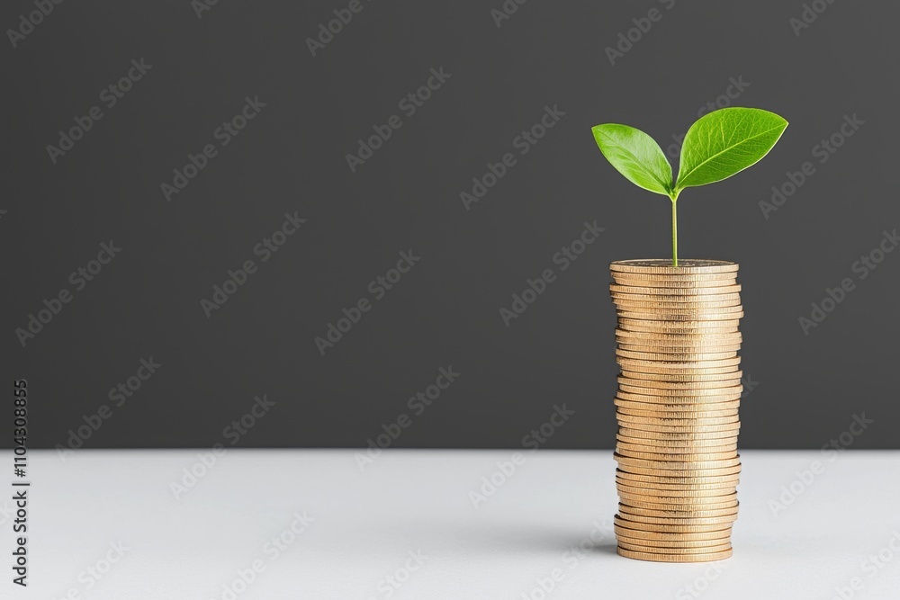 Arrange plant seedlings on a stack of coins, isolated against a white background. Arrange plant seedlings on a stack of coins, isolated against a white background.