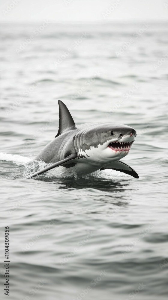 Fototapeta premium Great white shark breaching the ocean surface on a cloudy day