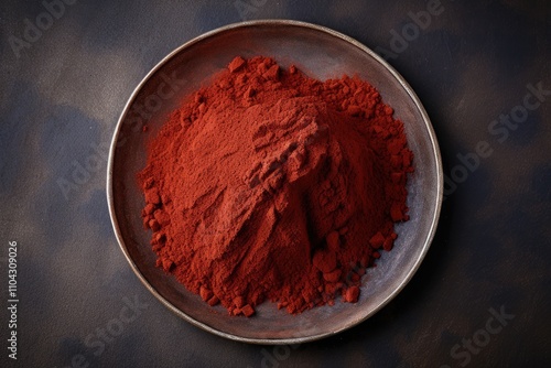 Close up of ground sumac spice on a gray ceramic plate viewed from above photo