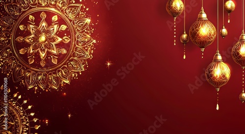 An opulent red background decorated with a gold mandala and floral elements.