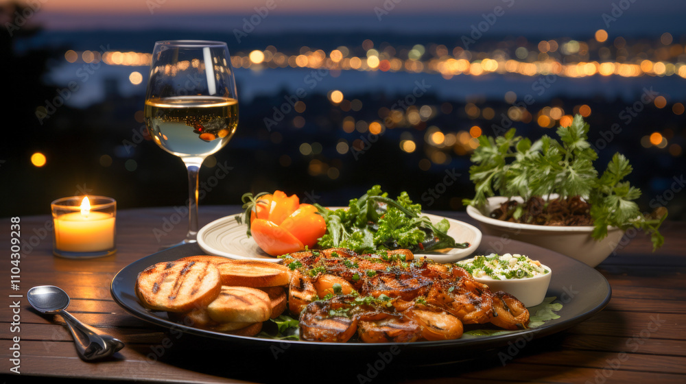 Grilled chicken dinner with wine and cityscape at night Grilled chicken dinner with wine and cityscape at night