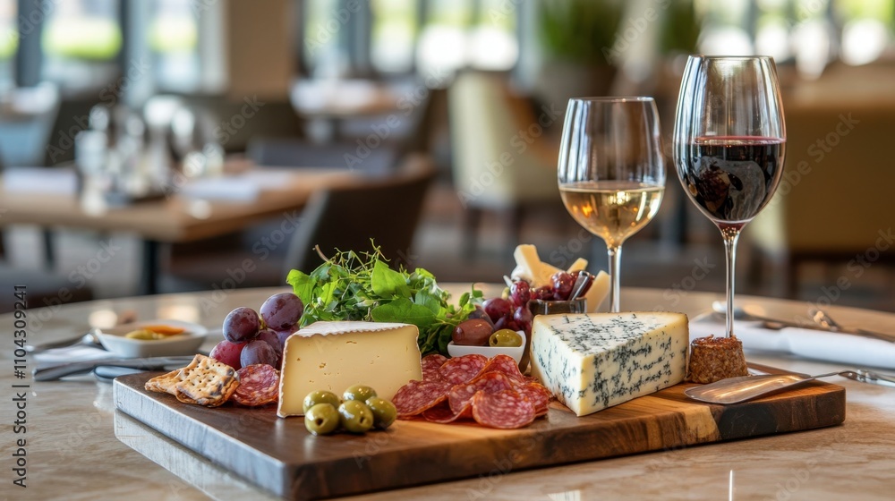 Elegant Cheese and Charcuterie Platter with Wine in Restaurant Setting Elegant Cheese and Charcuterie Platter with Wine in Restaurant Setting