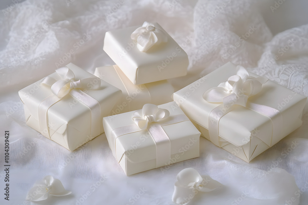 A collection of elegant white gift boxes adorned with ribbons on a delicate fabric background. A collection of elegant white gift boxes adorned with ribbons on a delicate fabric background.