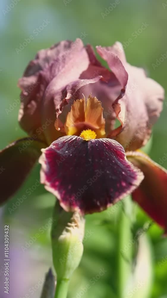 Detailed view of a burgundy and brown iris flower with a vibrant yellow center, showcasing its textured petals and striking colors Detailed view of a burgundy and brown iris flower with a vibrant yellow center, showcasing its textured petals and striking colors