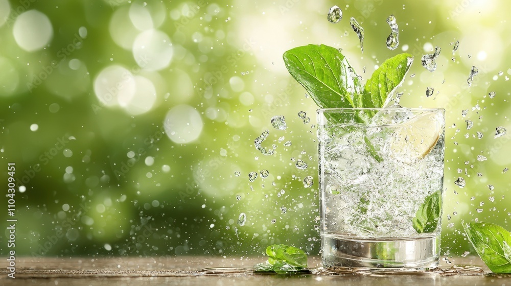 A refreshing glass of water splashes as mint leaves float, with a blurred green background creating a vibrant and lively atmosphere. A refreshing glass of water splashes as mint leaves float, with a blurred green background creating a vibrant and lively atmosphere.