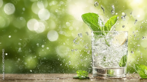 A refreshing glass of water splashes as mint leaves float, with a blurred green background creating a vibrant and lively atmosphere.