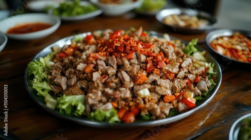 Delicious meat salad with vegetables and spicy sauce on a plate