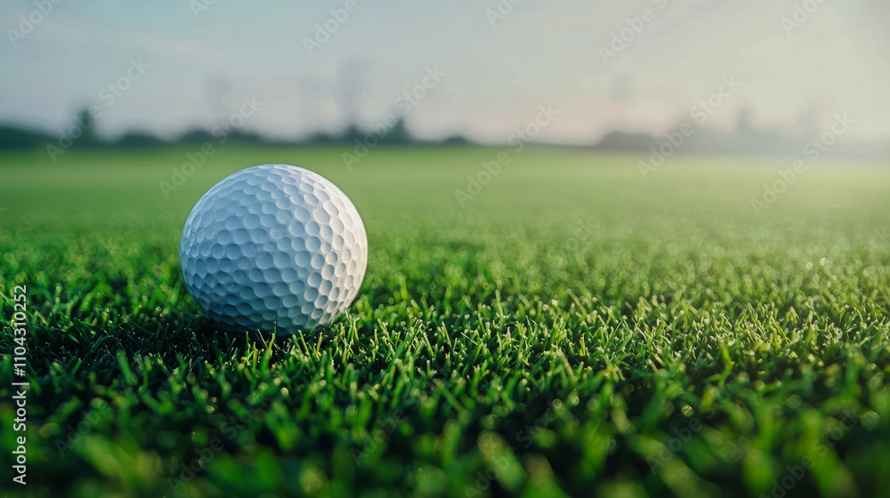 Close-up of golf ball on green grass at sunrise Close-up of golf ball on green grass at sunrise