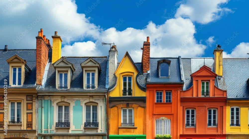 Fototapeta premium Colorful Facades of Traditional European Houses under Blue Sky