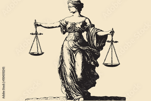 A vintage-style engraving of Lady Justice holding scales and a sword, blindfolded, symbolizing fairness and impartiality. Intricate details highlight the classic allegorical representation of justice.