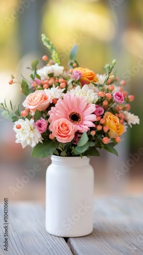 Wallpaper Mural Beautiful arrangement of colorful flowers in a minimalist vase on a wooden table Torontodigital.ca