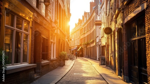 Serene Sunset Glow in Historic European Cobblestone Street Scene