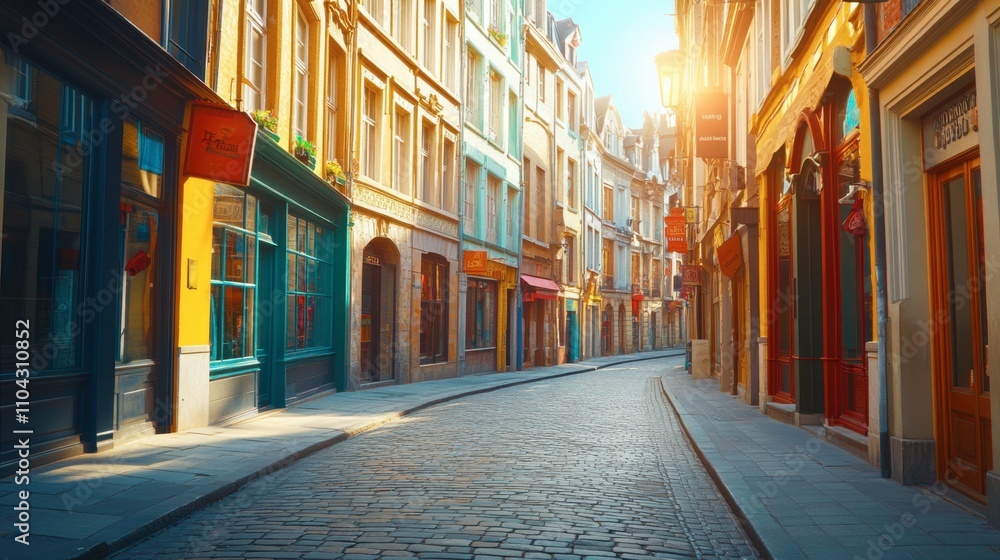 Fototapeta premium Charming cobblestone street in a historic European town at sunset