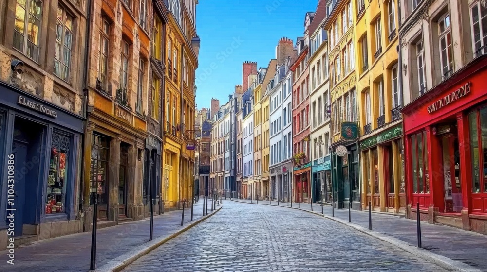 Fototapeta premium Vibrant European Street with Colorful Buildings and Cobblestone Path