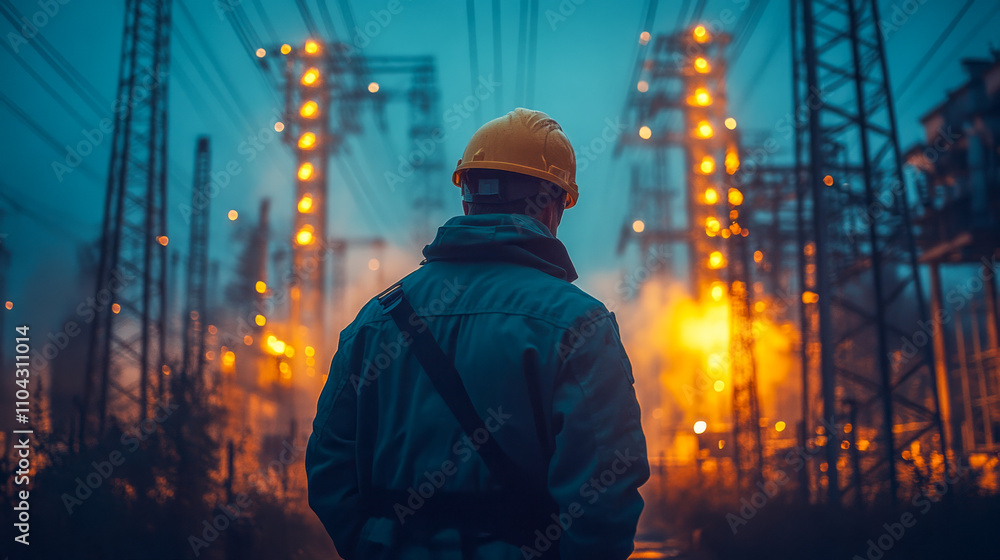 Male engineer observing industrial power plant at dusk with illuminated structures Male engineer observing industrial power plant at dusk with illuminated structures