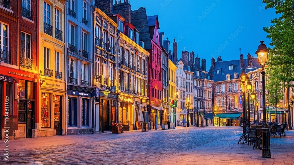 Fototapeta premium Evening Stroll Through Colorful European Street with Charming Buildings
