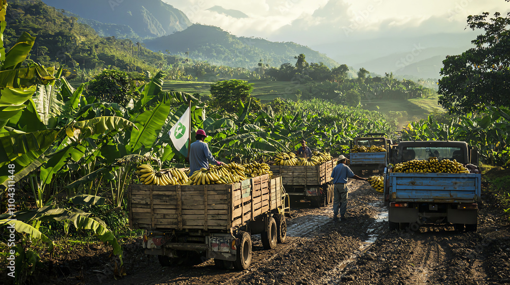 Workers load bananas onto trucks in a Honduran plantation under a scenic sky Workers load bananas onto trucks in a Honduran plantation under a scenic sky