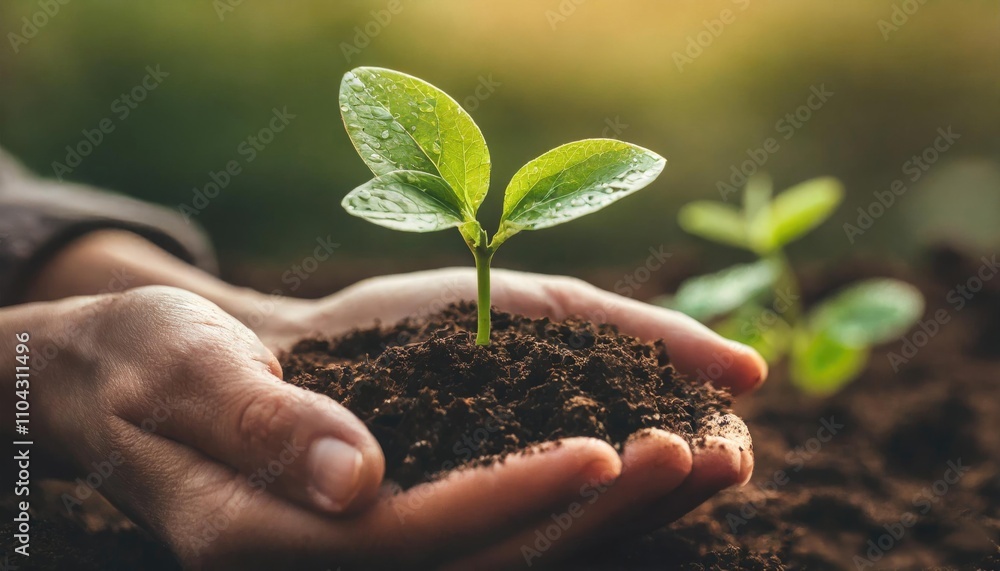 Hands gently holding a green seedling in fertile soil Hands gently holding a green seedling in fertile soil