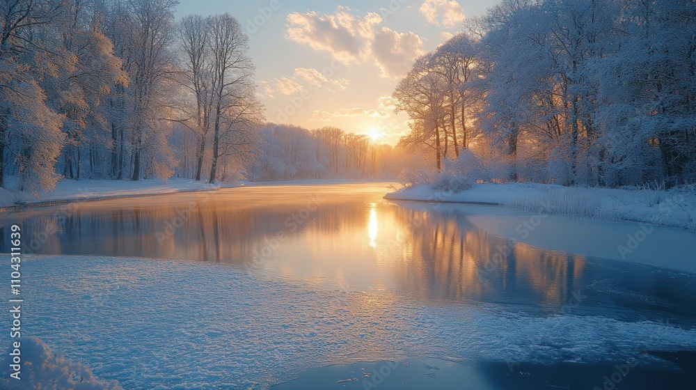 Fototapeta premium Scenic winter sunrise over calm river reflecting golden sunlight, snow-covered trees.
