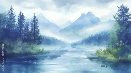 Serene watercolor landscape featuring river and majestic mountain view picture