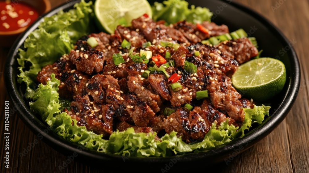 Grilled Meat on Bed of Fresh Greens with Lime and Spices Grilled Meat on Bed of Fresh Greens with Lime and Spices
