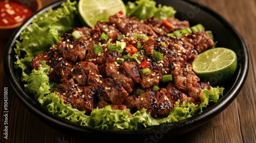 Grilled Meat on Bed of Fresh Greens with Lime and Spices