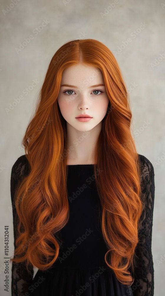 Fototapeta premium Young woman with long wavy reddish hair dressed in black standing against a neutral background