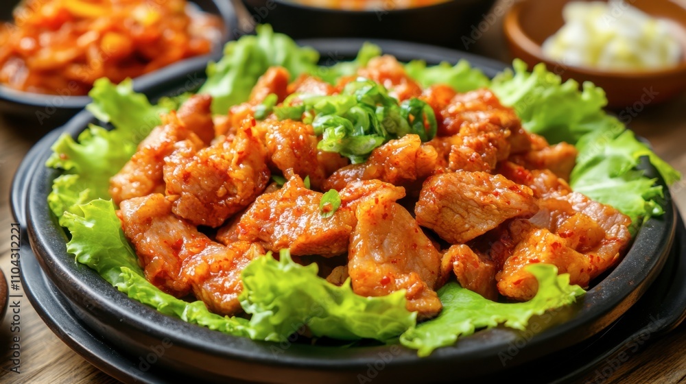 Spicy Grilled Pork with Fresh Vegetables on Serving Platter Spicy Grilled Pork with Fresh Vegetables on Serving Platter