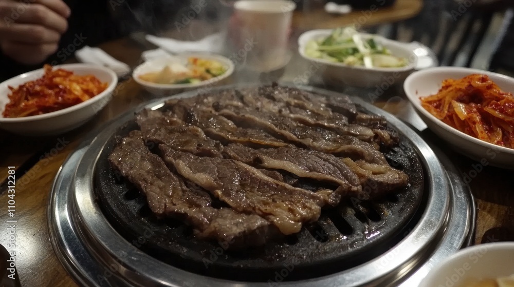 Grilled Slices of Meat with Korean Side Dishes on a Table Grilled Slices of Meat with Korean Side Dishes on a Table