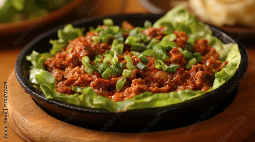 Savory Dish of Minced Meat on Lettuce Leaves in a Sizzling Plate Savory Dish of Minced Meat on Lettuce Leaves in a Sizzling Plate