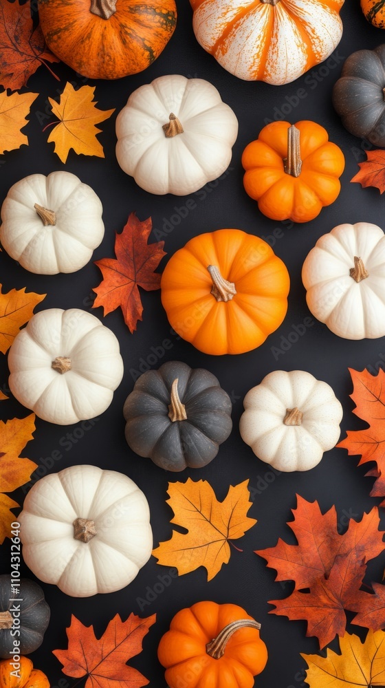 Colorful autumn display with pumpkins and leaves arranged on a dark background Colorful autumn display with pumpkins and leaves arranged on a dark background