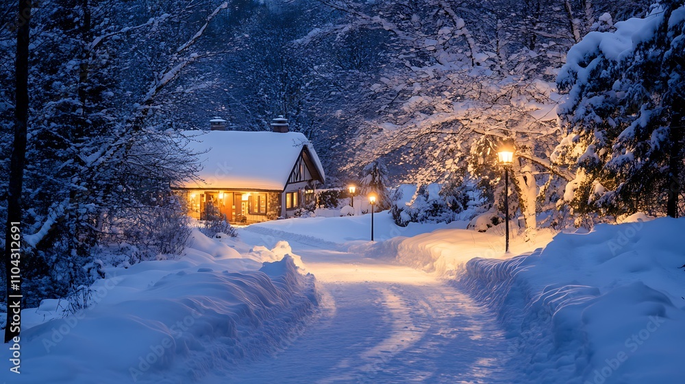 snowy forest road illuminated by lantern snowy forest road illuminated by lantern