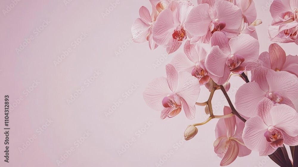 Fototapeta premium An elegant cascade of pink orchids against a muted lavender background, artistic close-up shot, Minimalist style
