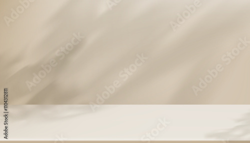 Background Beige Studio and Podium and shadow leaves on cement floor concept for Easter banner,Minimalist Background 3D Display Podium mockup for Cosmetic product presentation for Mother day