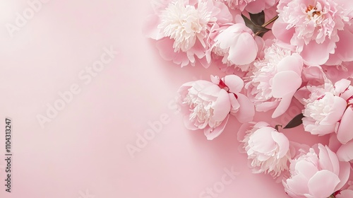 Fototapeta Naklejka Na Ścianę i Meble -  An elegant cascade of pink peonies against a muted blush pink background, natural close-up shot, Minimalist style
