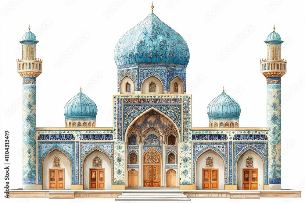 Fototapeta premium Ornate mosque, blue domes, detailed facade.