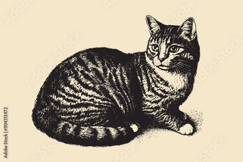  Tabby cat sitting gracefully. . Vintage retro engraving illustration. Black icon, isolated element. Art vector illustration	