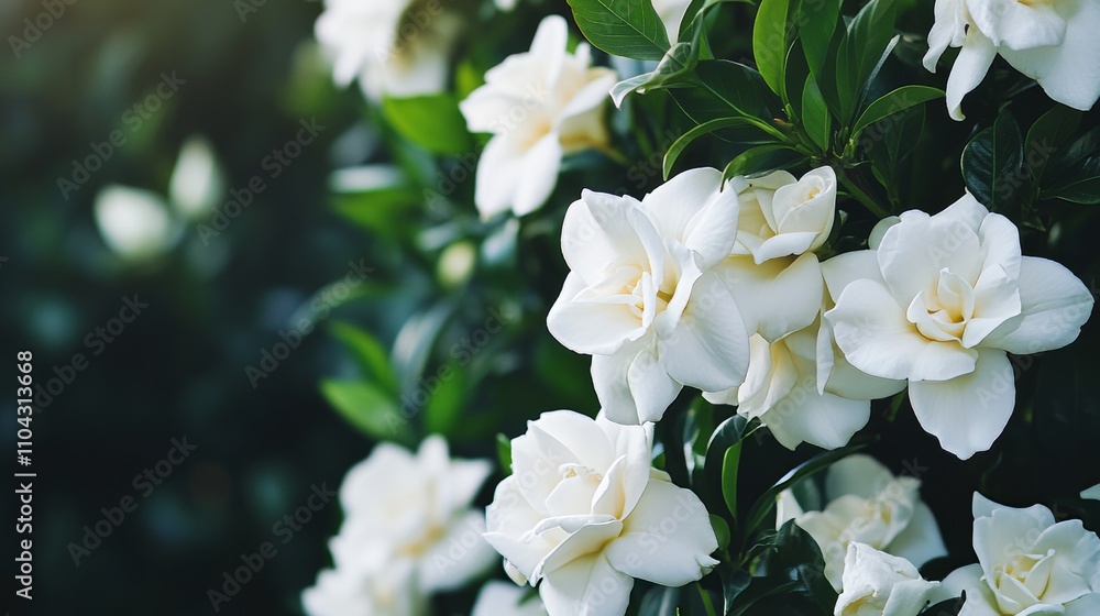 An elegant cascade of white gardenias against a deep forest green background, artistic close-up shot, Minimalist style An elegant cascade of white gardenias against a deep forest green background, artistic close-up shot, Minimalist style