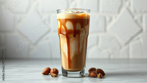 iced coffee with vanilla swirls and caramel drizzle on top of a layer of crunchy hazelnut praline,  dessert drink,  flavored coffee drink,  colorful drink