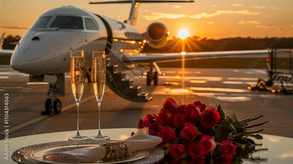 Sophisticated Private Jet with Champagne and Fresh Roses at Golden Hour Sophisticated Private Jet with Champagne and Fresh Roses at Golden Hour