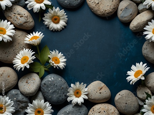 Blue background with white flowers and rocks.
