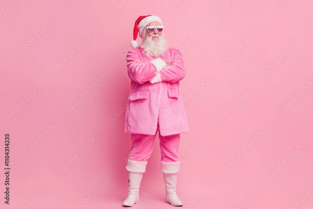 Full size photo of nice charismatic man folded arms empty space wear boots coat isolated on pink color background Full size photo of nice charismatic man folded arms empty space wear boots coat isolated on pink color background