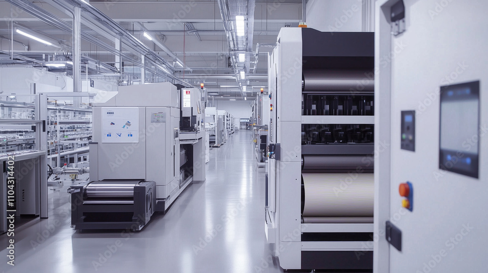 Large wide digital inkjet printing machine during production. Generative Ai. Large wide digital inkjet printing machine during production. Generative Ai.